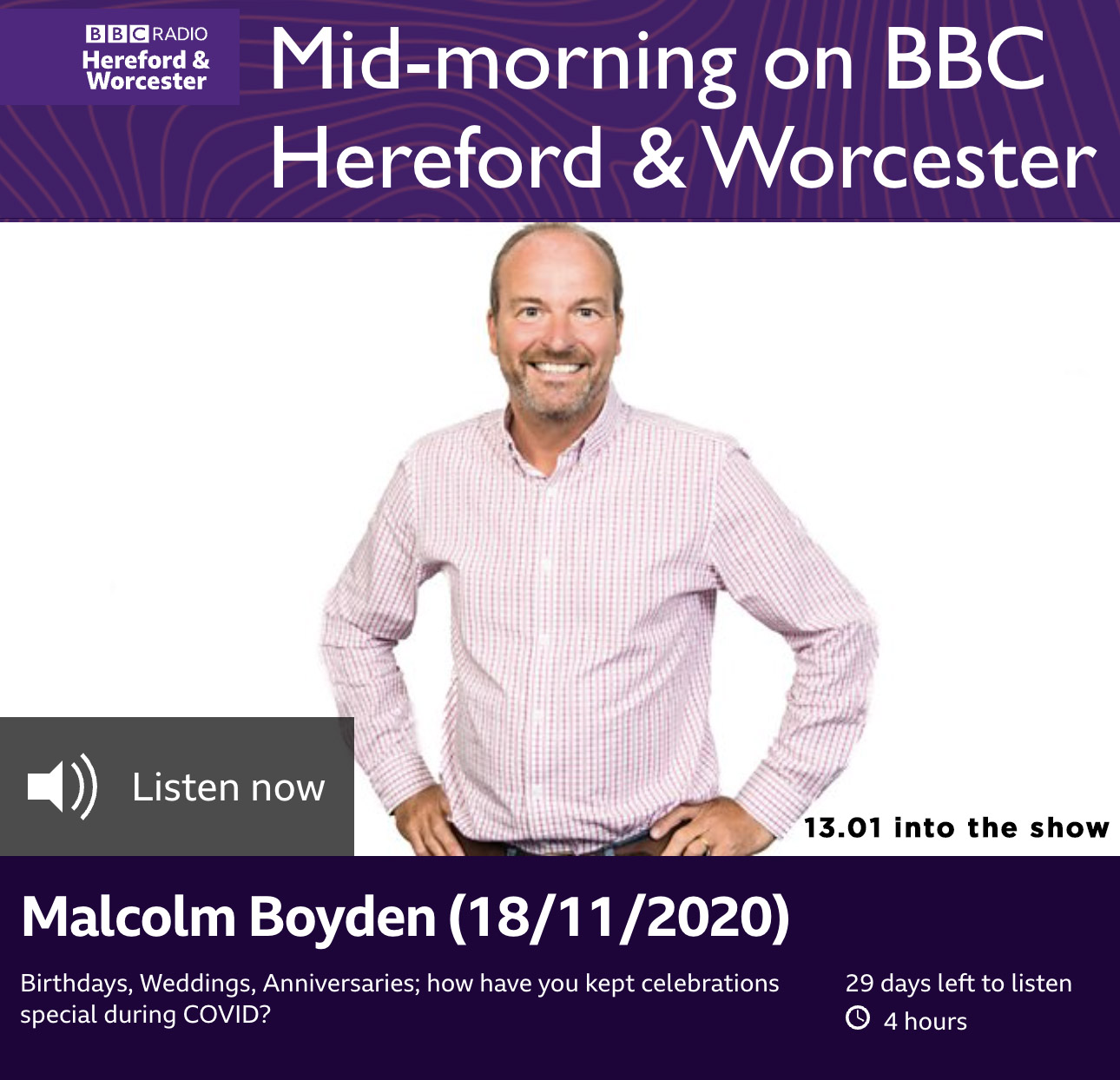 Liz Taylor inspires one family’s lockdown anniversary celebration BBC Hereford & Worcester Malcolm Boyden 18.11.2020