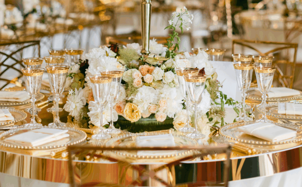 Downton Abbey themed Christmas party dinner table styled by a luxury Christmas party planner.